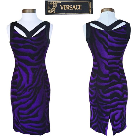 VERSACE Vintage 90s Sheath Dress Purple Black Tiger Zebra Size 40 IT XS 4 US - Picture 1 of 14